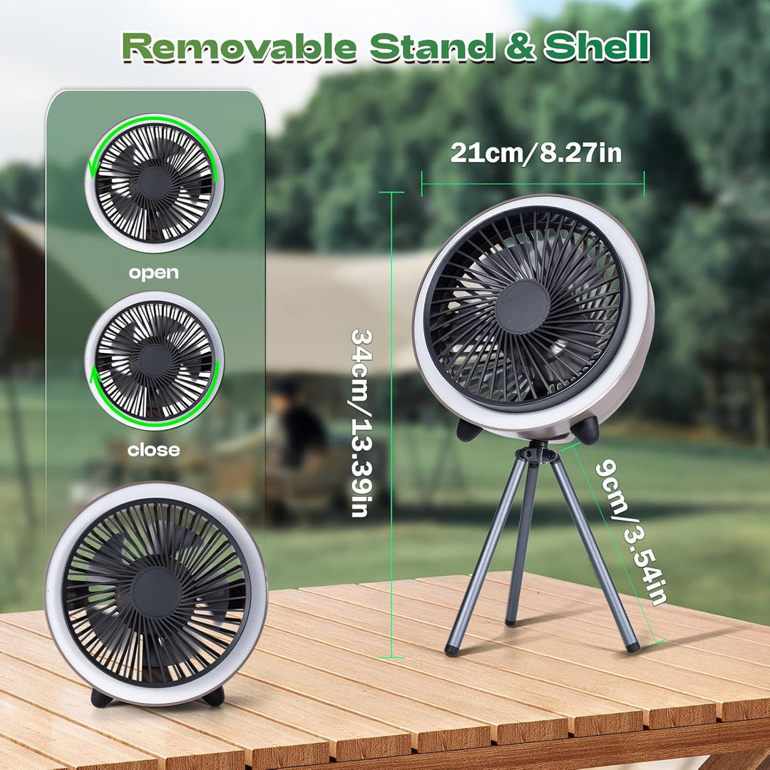 Camping Ventilator mit LED & Fernbedienung 10400mAh, Wiederaufladbarer USB Ventilator mit Haken, Tim