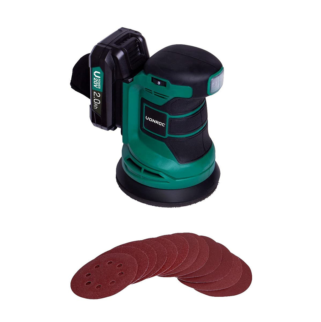 VONROC Exzenterschleifer Akku, Schleifmaschine - Handschleifer mit Staubbehälter 20V mit 2Ah Akku un