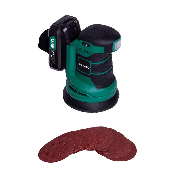 VONROC Exzenterschleifer Akku, Schleifmaschine - Handschleifer mit Staubbehälter 20V mit 2Ah Akku un