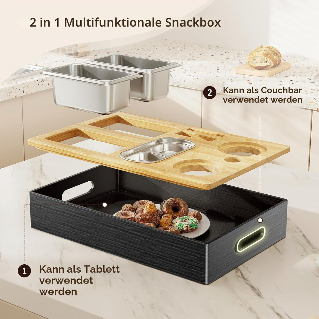 Couchbar Snackbox aus Bambusholz mit 3 Edelstahl-Schalen, Sofa Butler Organizer Tablett mit Getränke