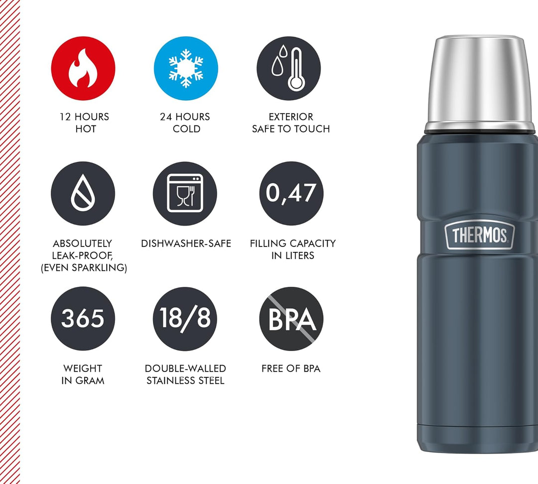 THERMOS STAINLESS KING Thermosflasche ice grey 0,47l - Edelstahl, absolut dicht, mit Trinkbecher, 12