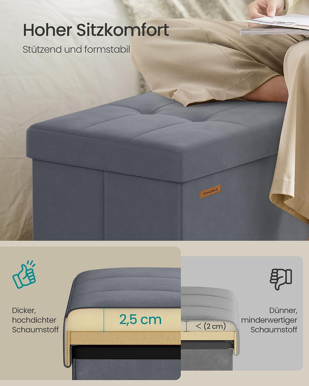 SONGMICS Sitzbank mit Stauraum, klappbare Sitztruhe, 38 x 76 x 38 cm | Aufbewahrungsbox, Deckel klap