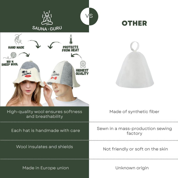 Sauna Guru Saunahut 'Mr and Mrs Sauna' White - 100% organische Wollfilzmützen - Schützen Sie Ihren K