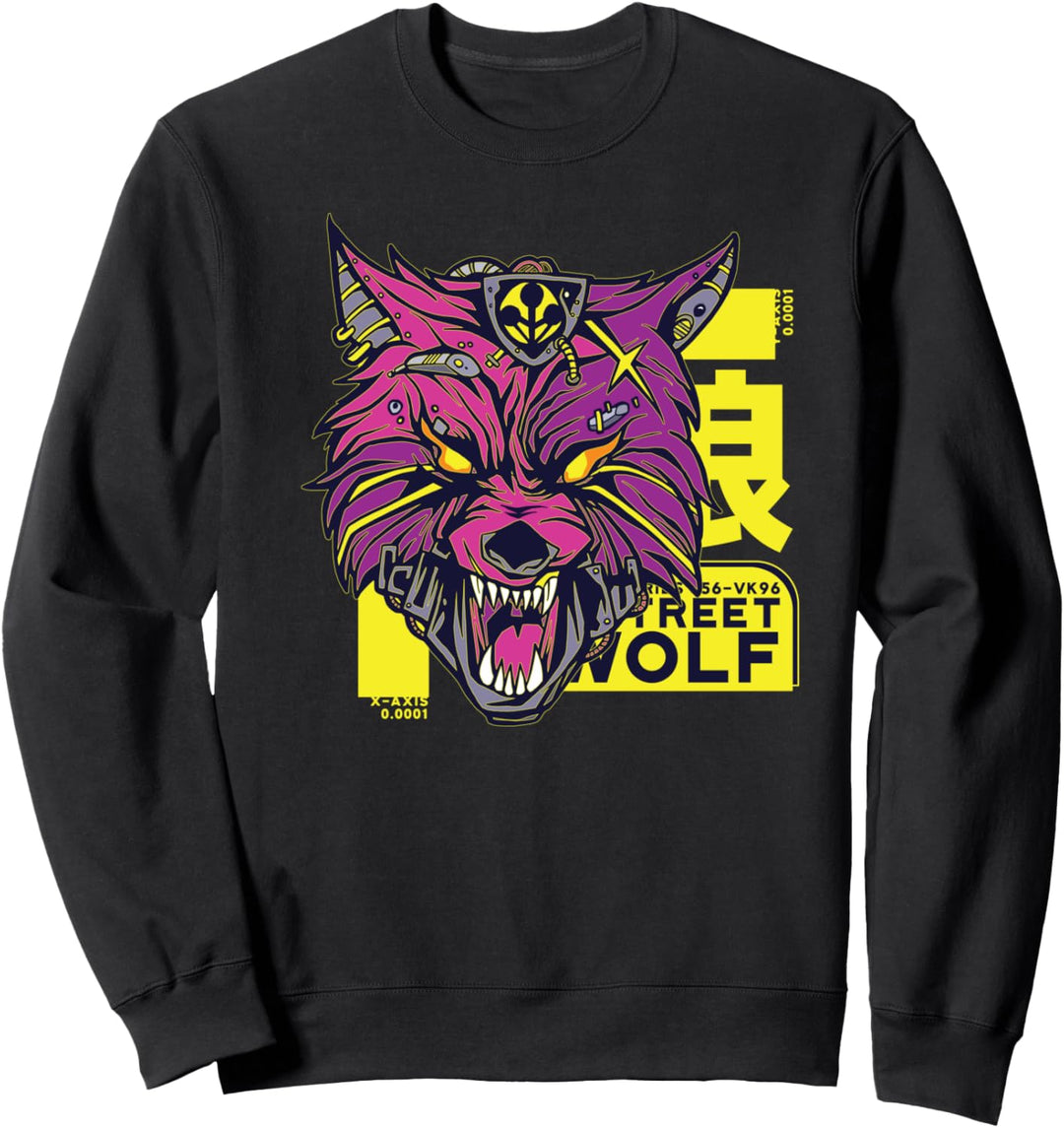 Cyberpunk Wolf Illustration - Vaporwave Retro Retrowave 80s Sweatshirt
