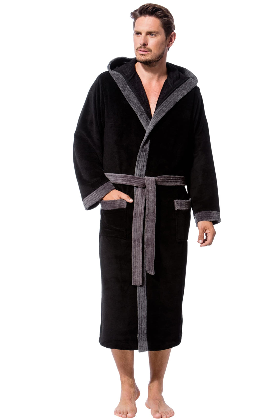 Morgenstern Bademantel Herren mit Kapuze Luxus Frottee Velours Lang M Schwarz, L