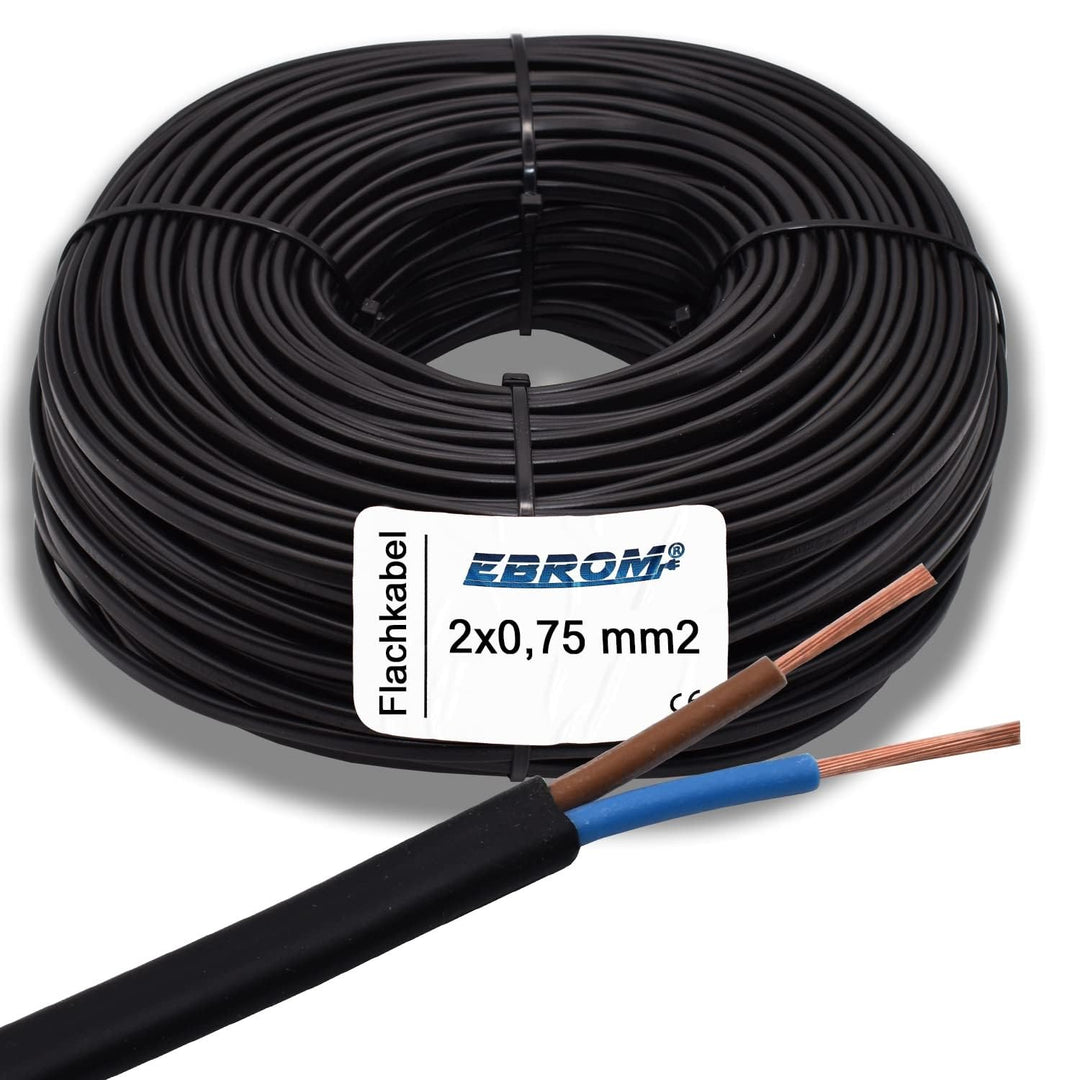 EBROM Gerätekabel Flachkabel H03VVH2-F 2x0,75 mm² schwarz, Länge: 63 Meter | von 5 bis 250 m - Kabel