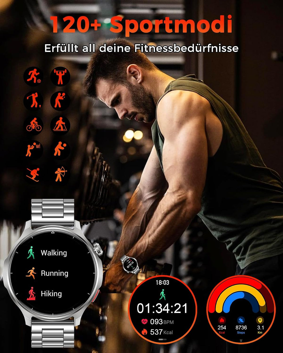 Smartwatch Herren, 1000mAh Akku, 1,52&