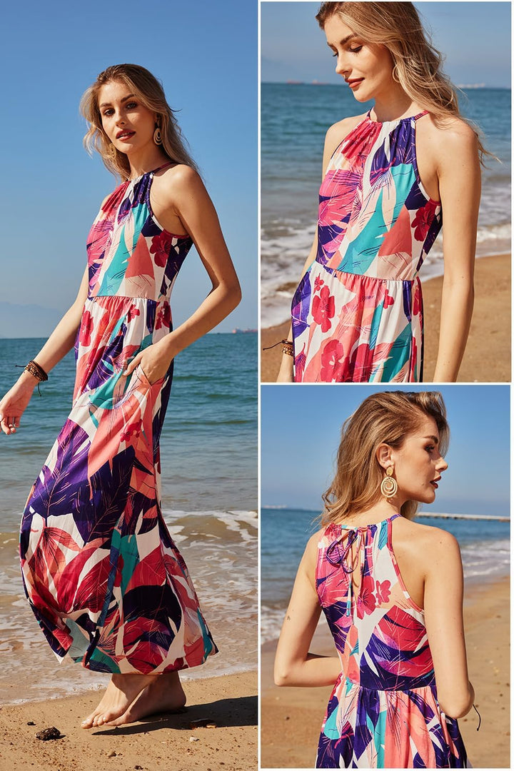 KILIG Damen Sommerkleid Lang Elegant Sommer Neckholder Kleid Hochzeitsgast Maxikleid Partykleid Schl