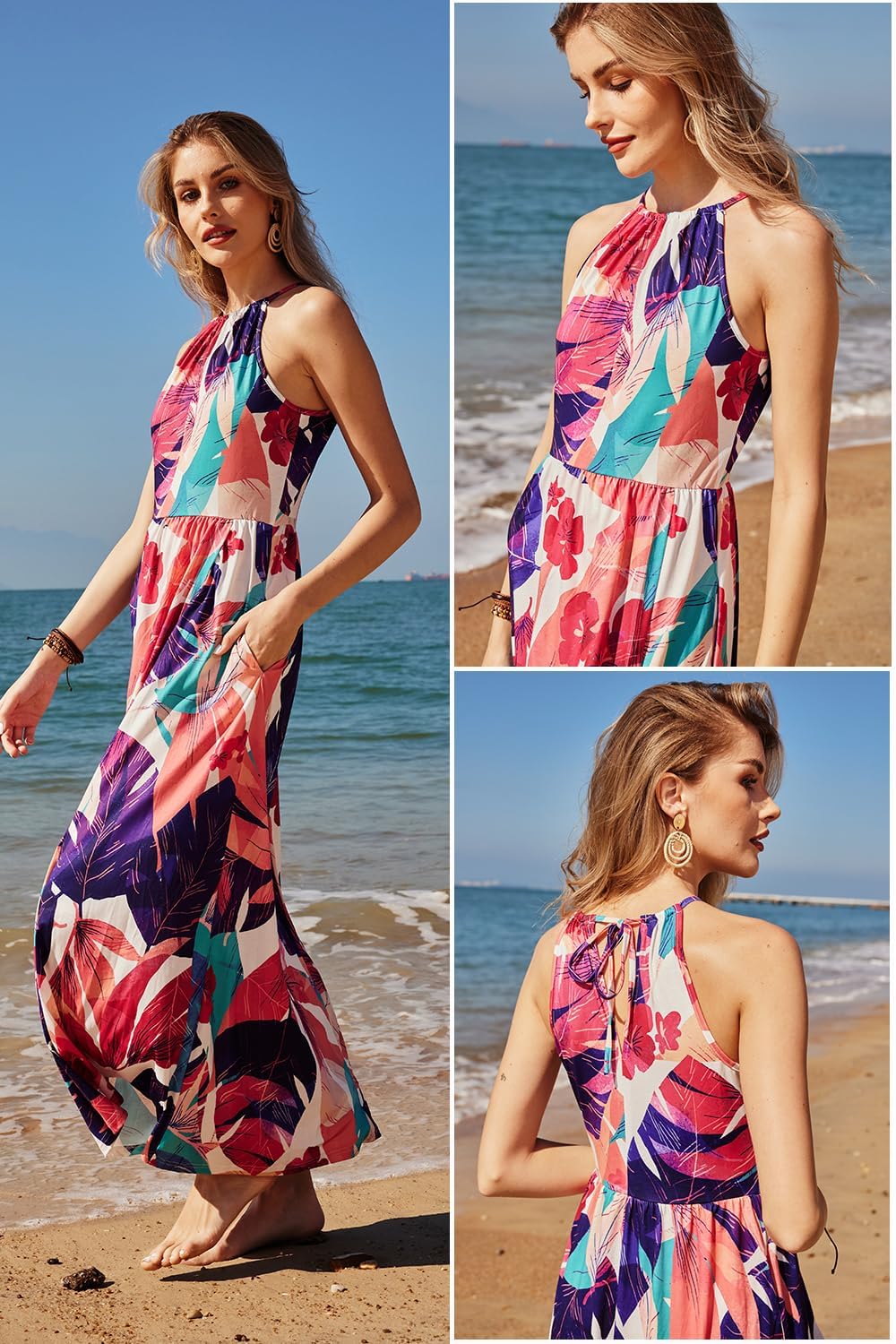 KILIG Damen Sommerkleid Lang Elegant Sommer Neckholder Kleid Hochzeitsgast Maxikleid Partykleid Schl