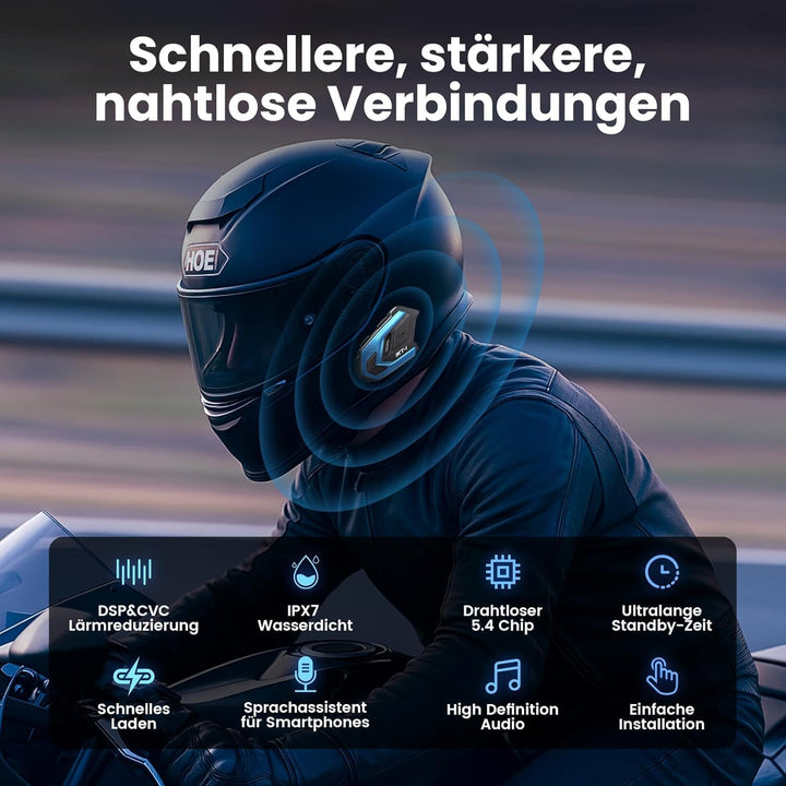 KT1 Motorrad Bluetooth 5.4 Kopfhörer, Motorrad Headset mit DSP & CVC Dual Geräuschunterdrückung, Mot