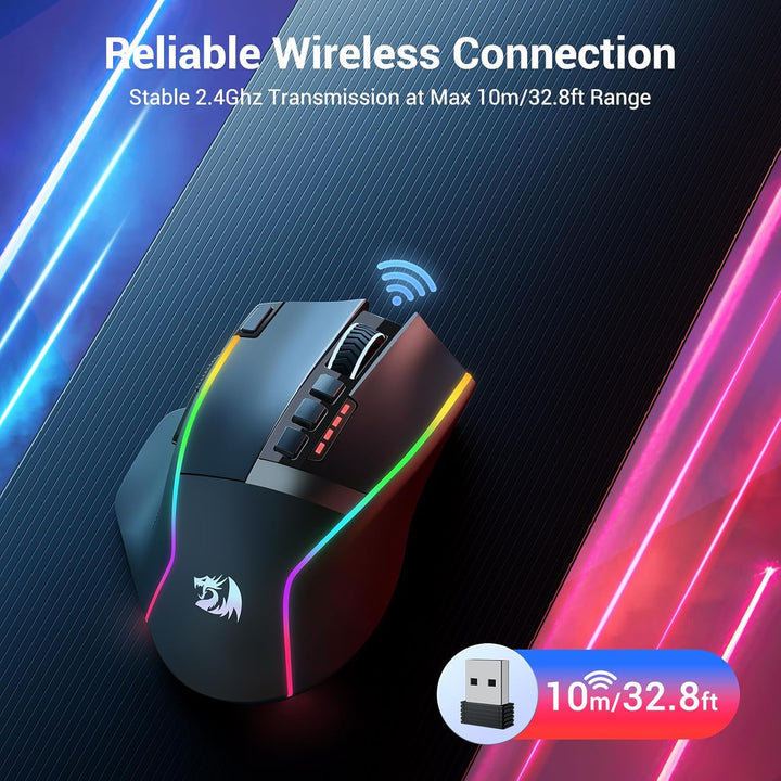 Redragon Gaming Maus Kabellose, 16000 DPI, 2.4G/USB-C Wireless Mouse, 9 Programmierbare Tasten, Wied