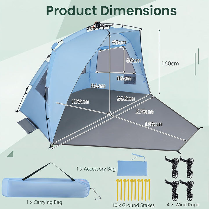 HOMASIS Pop-up Strandmuschel, wetterfestes Strandzelt für 3-4 Personen mit erweiterbarem Boden, Mesh