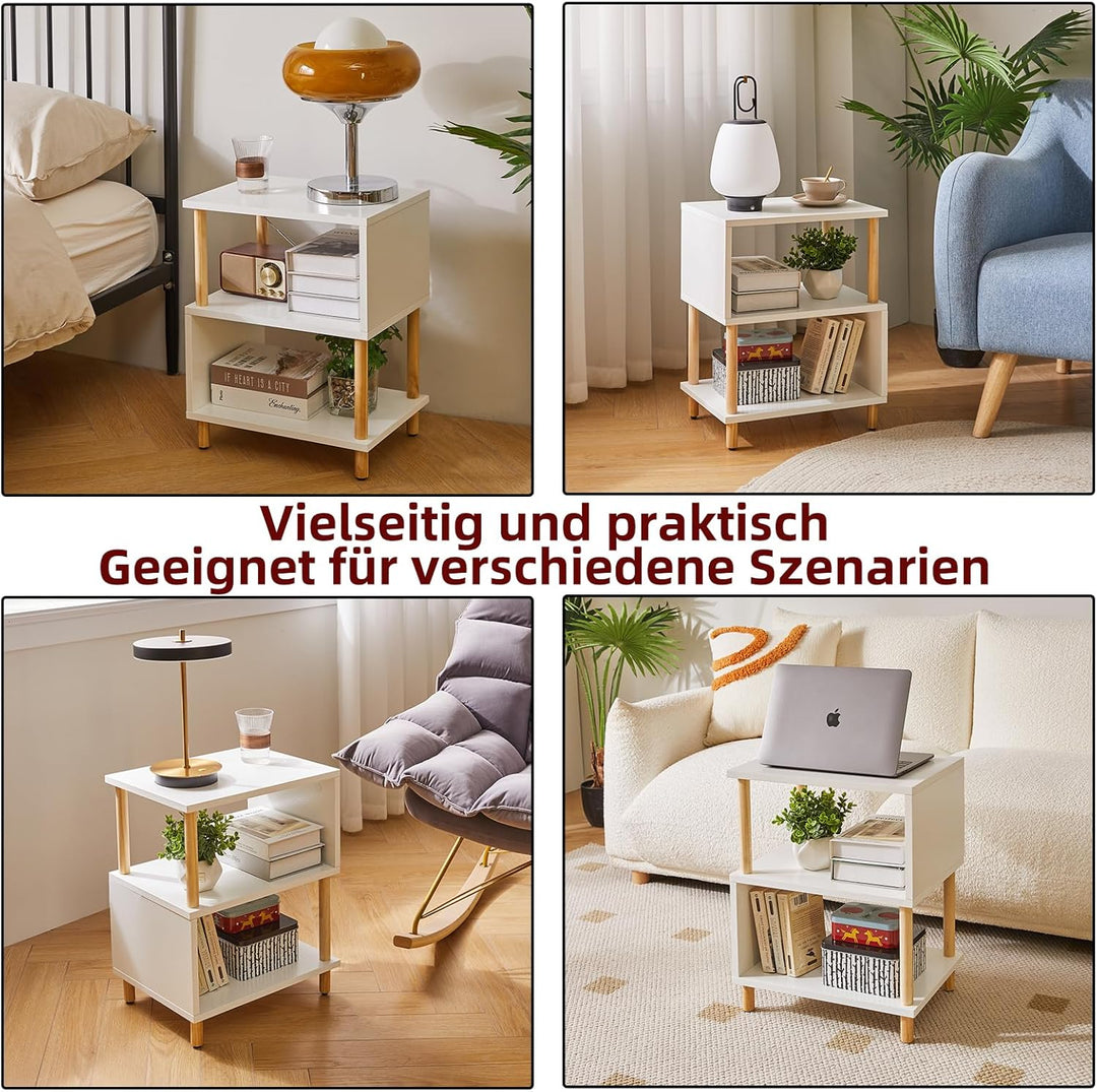 Aibiju Weisser Beistelltisch, Nachttisch， Kaffeetisch, Sofatisch mit 2 offenen Fächern für Schlafzim