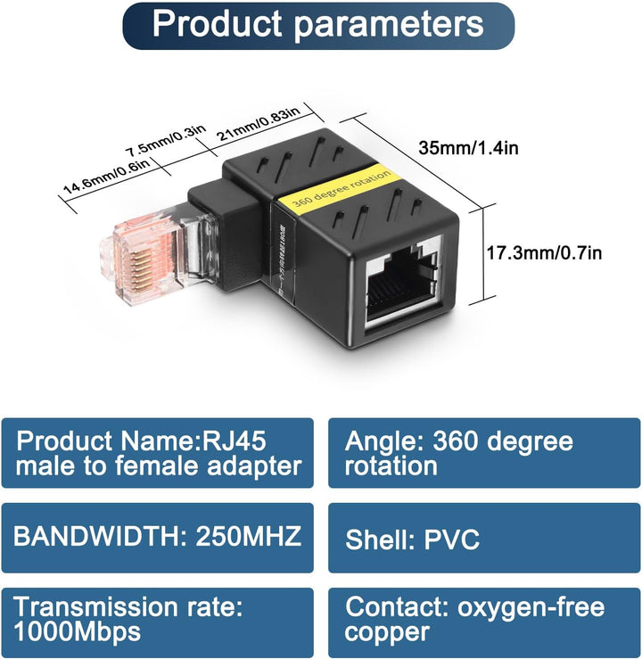 HATMINI 360-Grad-Ethernet-Adapter, Gigabit-90-Grad-Winkel, Netzwerk-LAN-CAT5-CAT6-Verlängerungsadapt