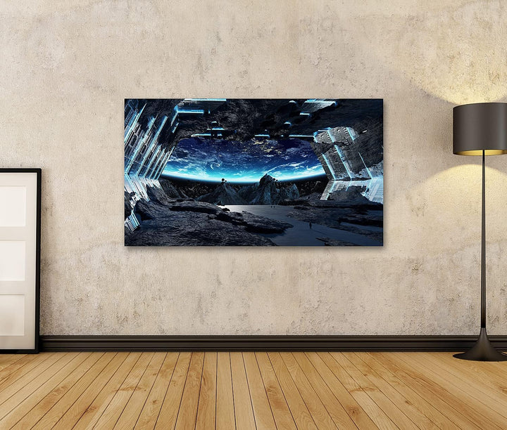 islandburner Bild auf Leinwand Riesiges Asteroid Raumschiff Innen mit Blick auf Erde Kinderzimmer Sp