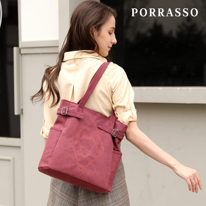 PORRASSO Damen Schultertasche Canvas Tote Bag Handtasche Mädchen Praktische Henkeltasche für Schule