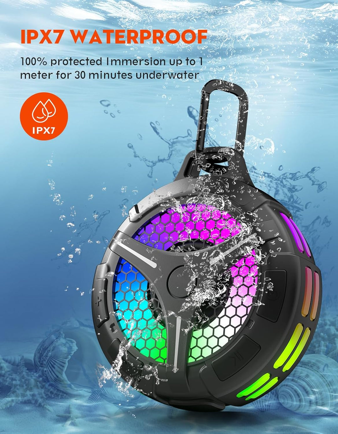Ortizan Dusche Bluetooth Lautsprecher, Musikbox Bluetooth 5.3 Dusche, IPX7 Wasserdicht 6 RGB Licht 2