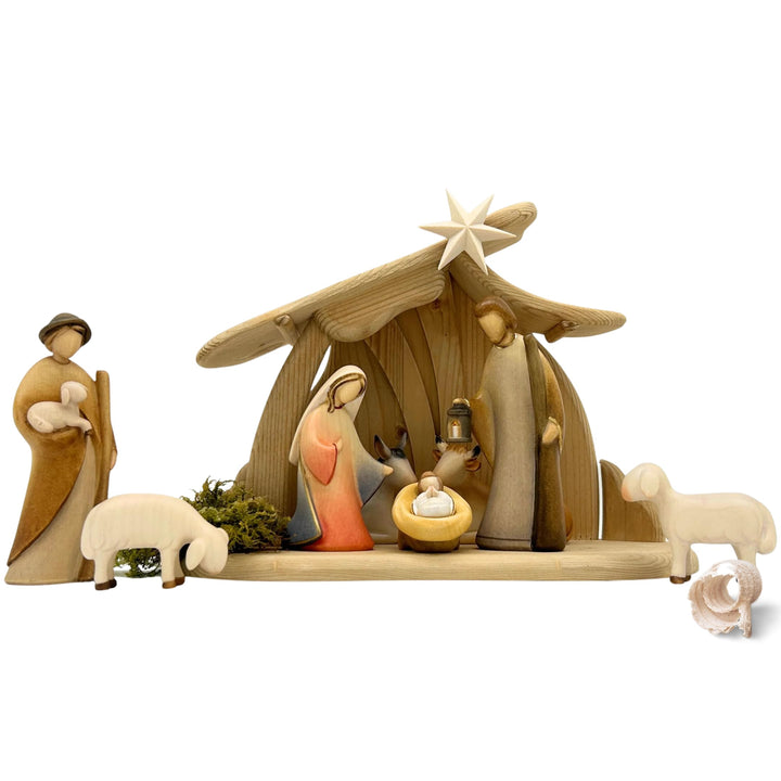 Akantus Leonardo Weihnachtskrippe aus Holz: 8er Set mit Stall HL.Nacht klein bemalt (17 cm), 17 cm