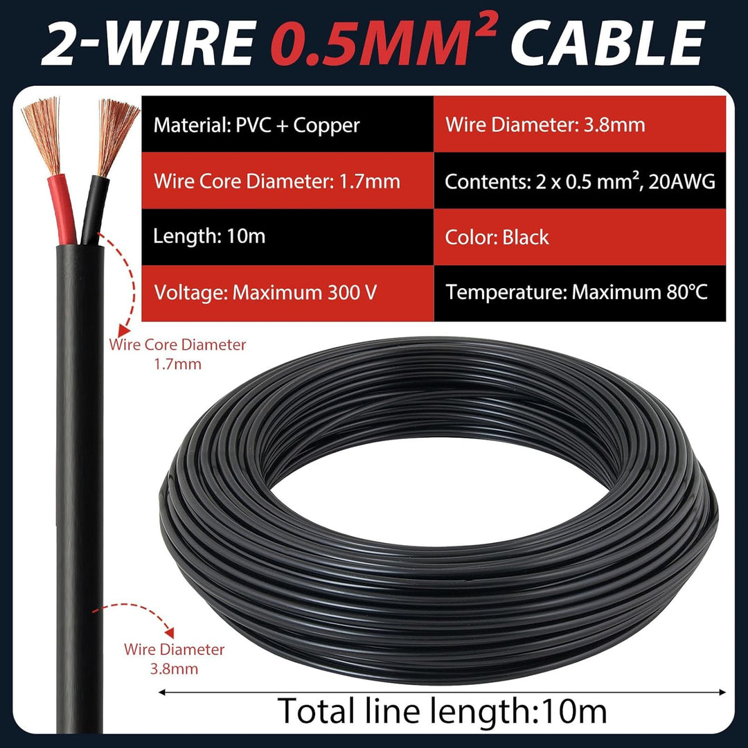 Elektrischer Draht 2 Adrig Kabel 2×0,5mm² 10M 20AWG 300V Impedanz Fahrzeugleitung Kabel 2 Leiter Kup