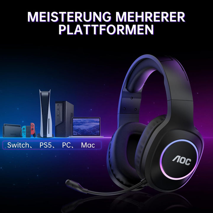 AOC Gaming Headset kabellos für PC, PS5, PS4, Switch, 2,4 GHz Wireless Headset mit Bluetooth 5.4 & K