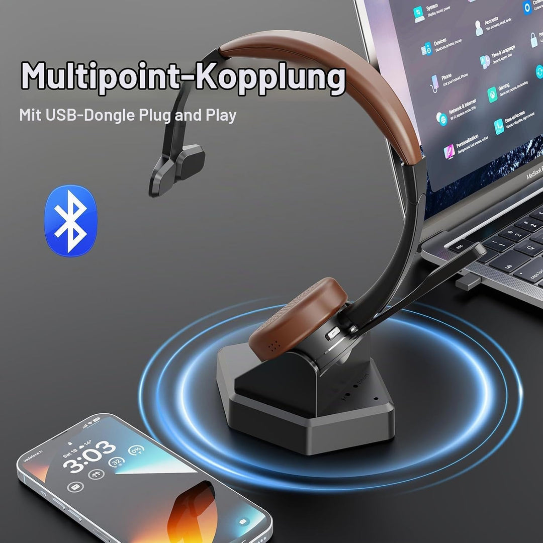 Bluetooth Headset, Mono Wireless Headset mit Mikrofon und Rauschunterdrückung &amp; USB-Dongle, Kabellos