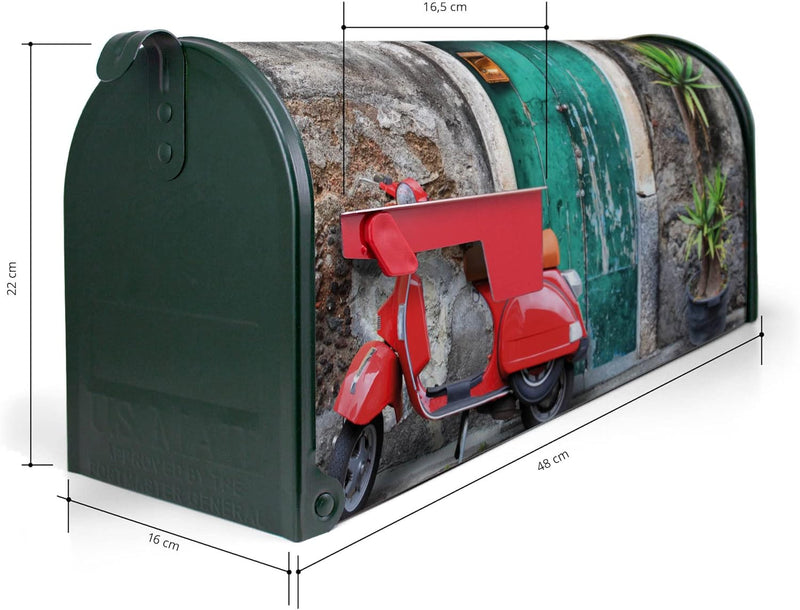 banjado® Amerikanischer Briefkasten - US Mailbox/Letterbox mit Motiv Rote Vespa 51x22x17cm - Postkas