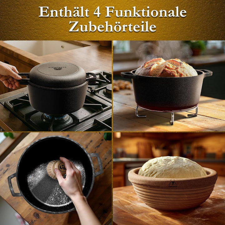 2-in-1 Gusseisen Brotbackform mit Gärkörbchen – eingebrannter Gusseisentopf zum Brotbacken 4,8 L & G