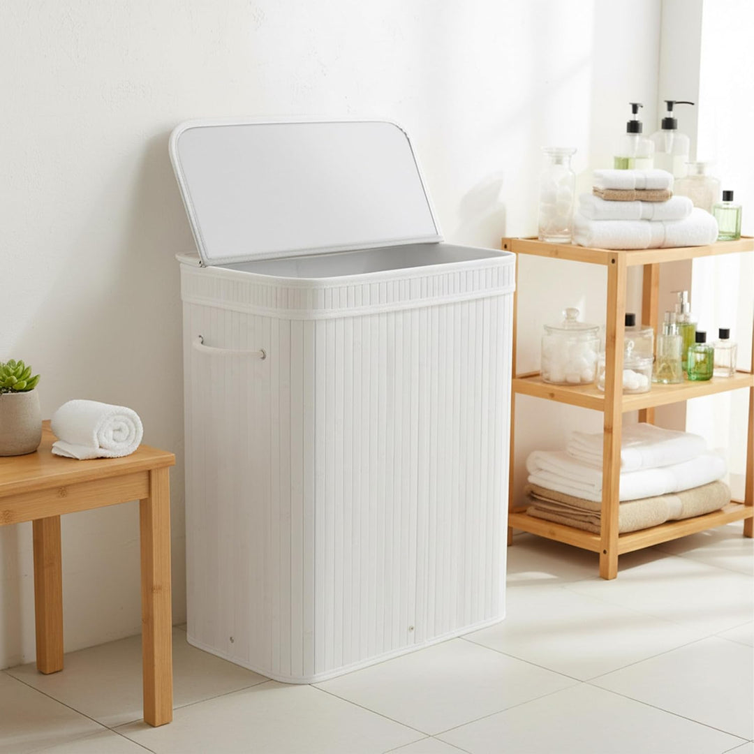 Relaxdays Wäschekorb mit Deckel, Bambus, 150 l, 3 Fächer, HxBxT: 61,5 x 61 x 41,5 cm, Badezimmer Wäs