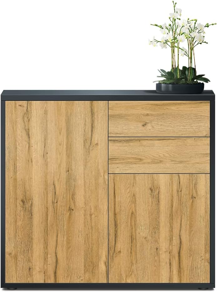 Vladon Sideboard Ben, Kommode mit 2 Türen und 2 Schubladen, Schwarz matt/Eiche Natur (79 x 74 x 36 c