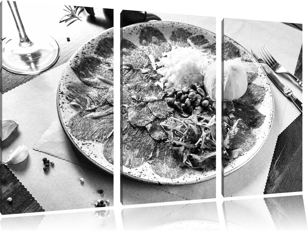 Pixxprint appetitliches Carpaccio Kunst B&W als Leinwandbild/Grösse: 3 Teilig (120x80) / Wandbild/Ku