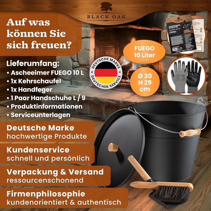 BLACK OACK Ascheeimer FUEGO 10L - schwarz mit Deckel mit Holz-Griff + Feger + Schaufel & Handschuhen