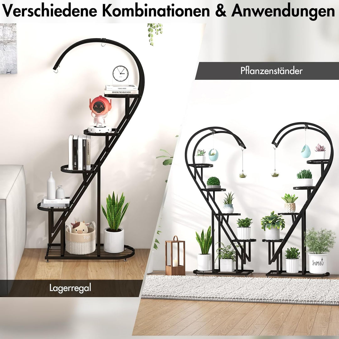RELAX4LIFE 5-stufiger Pflanzenständer Metall, Blumentreppe Herzförmig, Pflanzenregal mit 4 Haken, Bl
