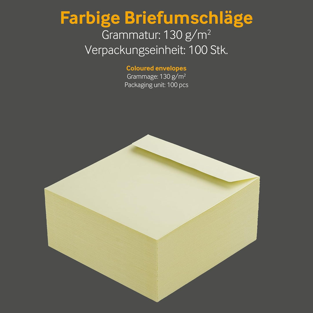 100 Stück, Farbige Briefumschläge, 160 x 160 mm, Haftklebung mit Abziehstreifen, Gerade Klappe, 130