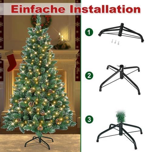 YRHome 120cm Künstlicher Weihnachtsbaum mit Beleuchtung Grün PVC mit Schnee-Effekt & Kiefernzapfen L