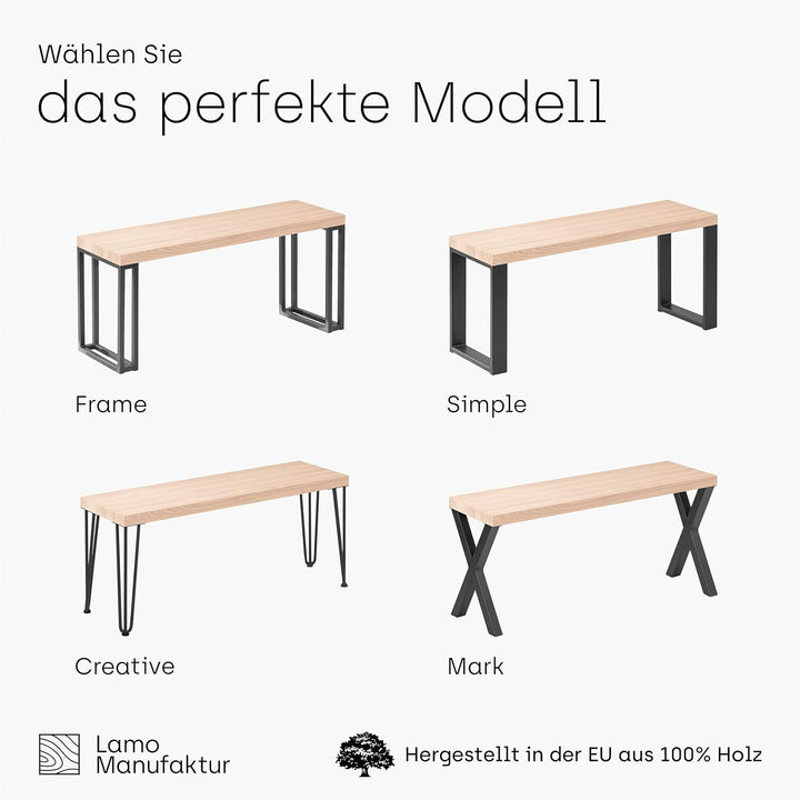 LAMO Manufaktur Sitzbank Esszimmer Holzbank 30x80x47 cm, Möbelfüsse Simple Schwarz/Roh, LSB-01-A-001