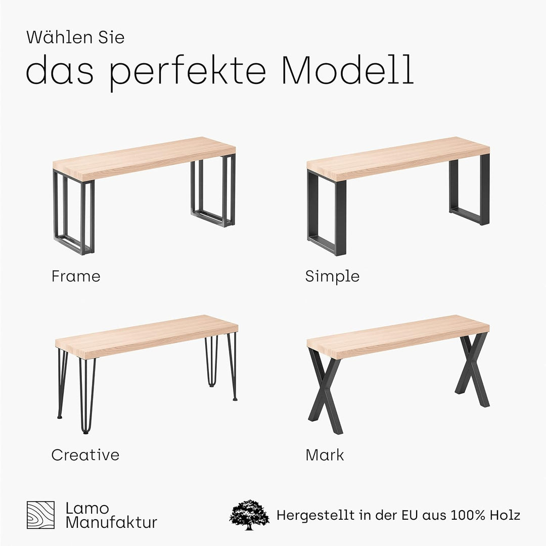 LAMO Manufaktur Sitzbank Esszimmer Holzbank 30x60x47 cm, Möbelfüsse Simple Schwarz/Roh, LSB-01-A-001