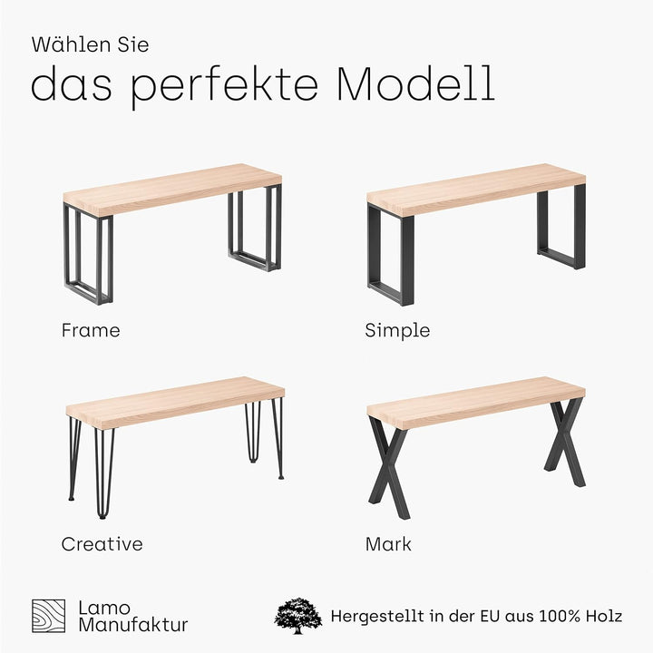 LAMO Manufaktur Sitzbank Esszimmer Holzbank 30x60x47 cm, Möbelfüsse Simple Schwarz/Roh, LSB-01-A-001