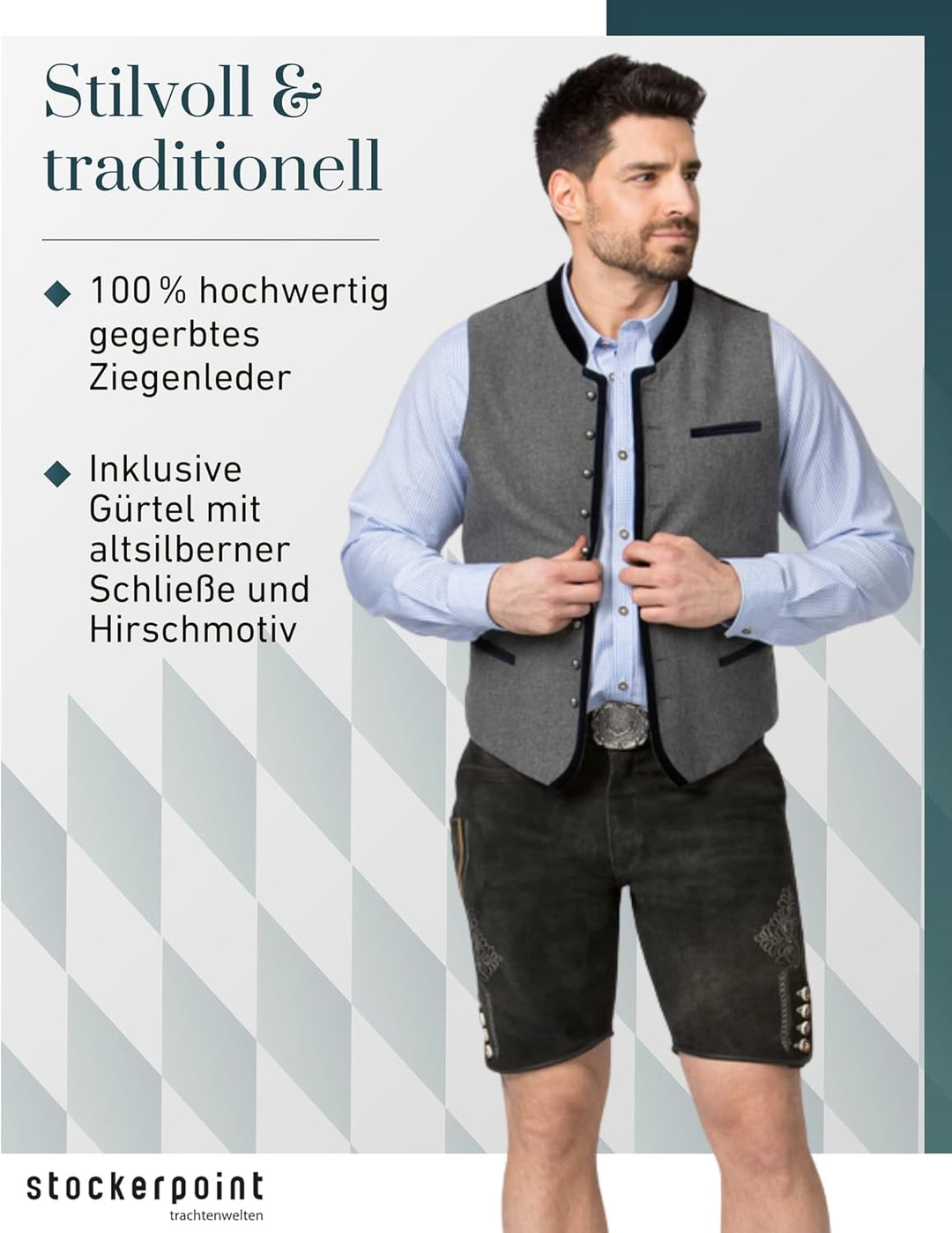 Stockerpoint Herren Lederhose Corbi4 I Grösse 44-64 I Bequeme Trachtenhose in edler Hirschoptik inkl