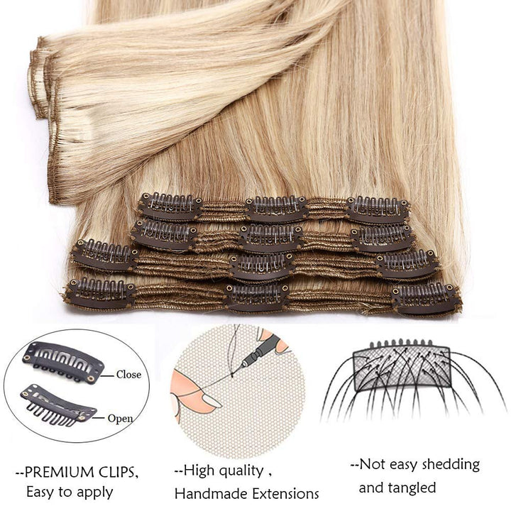 SEGO Clip in Extensions Echthaar Haarverlängerung Haarteil Doppelt 8 Teile hitzebeständig glatt Honi