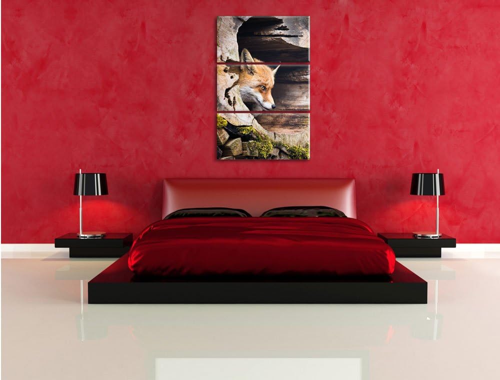 Pixxprint Fuchs im Baumstamm als Leinwandbild/Grösse: 3 Teilig (120x80) cm/Wandbild/Kunstdruck/ferti