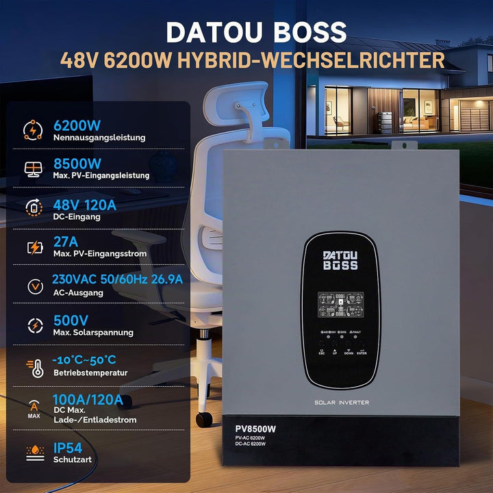 DATOUBOSS 6200W 48V Hybrid Wechselrichter Reiner Sinus, MPPT 120A, 8500W PV Eingang, 48V Lithium kom