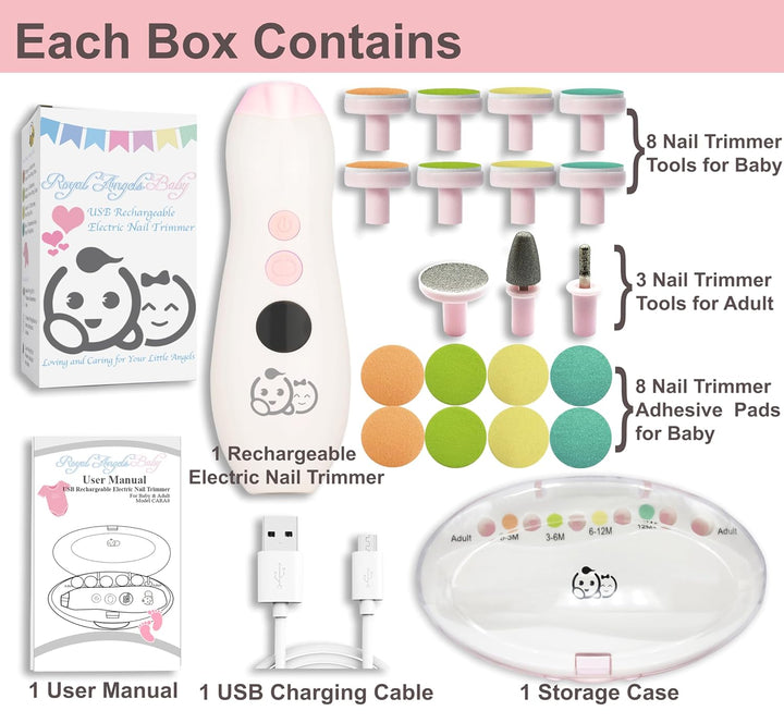 Wiederaufladbarer Baby-Nageltrimmer 22 in 1, elektrische Nagelfeile, zusätzliche 13 Ersatzstücke, Ba