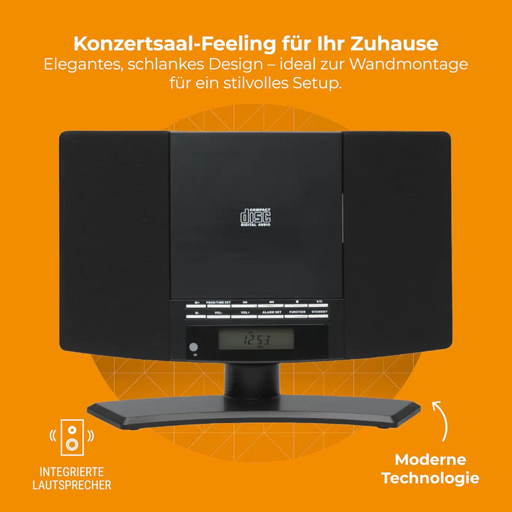 Denver Musik-Center (vertikaler CD-Player mit LCD-Display, AUX-In, Wandhalterung, Weckerradio) schwa