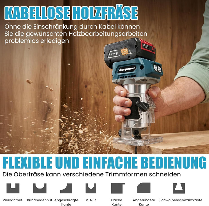 Akku Oberfräse für Bosch 18V Akku, 30000 RPM Bürstenloser Motor, 5-Stufen Kantenfräse, Kabellose Hol