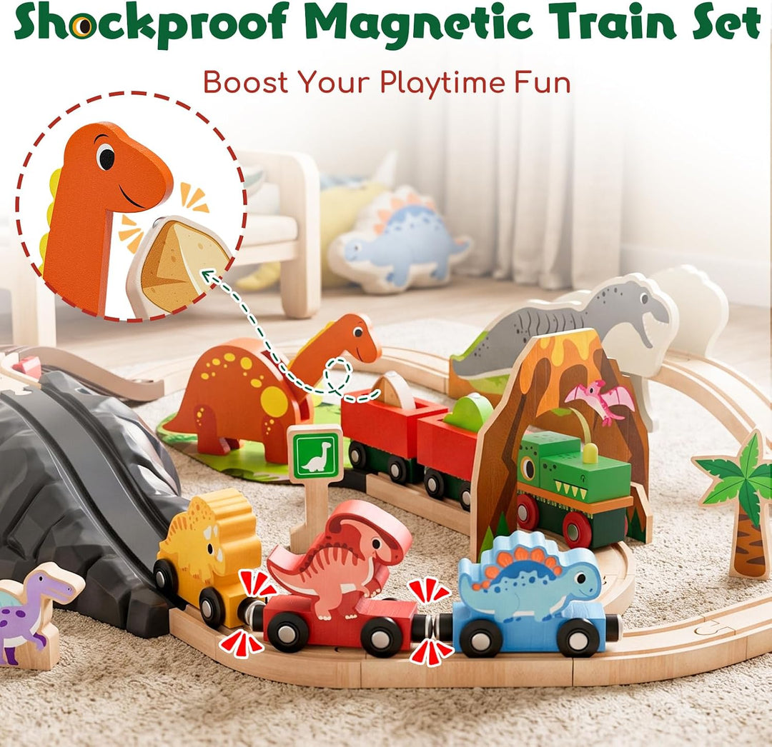Lehoo Castle Holzeisenbahn, Holz Eisenbahn Kinder, Dinosaurier Spielzeug Holzeisenbahn Schienen, Din
