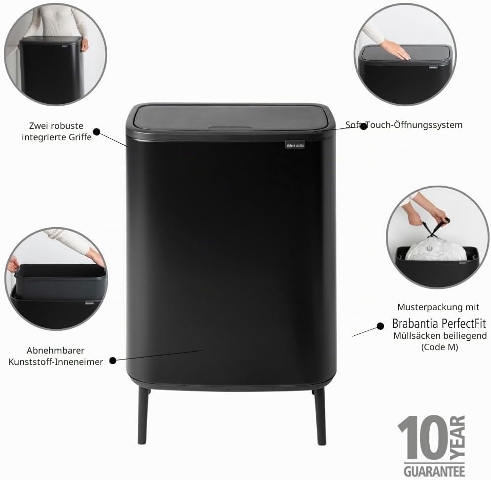 Brabantia Bo Touch Bin HI – 1 x 60L Inneneimer (mattschwarz) Abfall-/Recycling-Kücheneimer mit herau