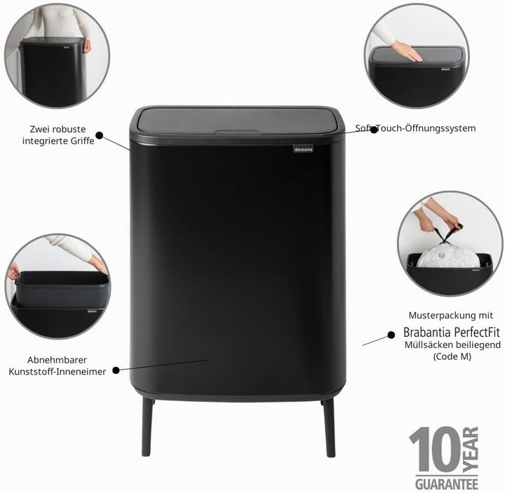 Brabantia Bo Touch Bin HI – 1 x 60L Inneneimer (mattschwarz) Abfall-/Recycling-Kücheneimer mit herau