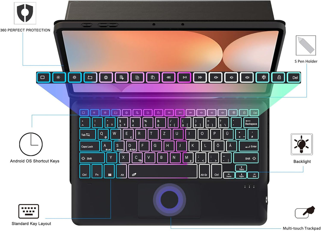 ROOFEI 12,4 Zoll Galaxy Tab S9 FE+/S9+/S10+ Hülle mit Tastatur QWERTZ : DIY 3-Zonen-7-Farbige Beleuc