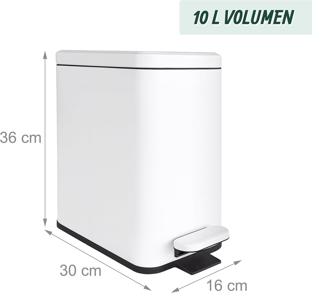 Relaxdays Mülleimer, 10 Liter, 16 cm schmal, Softclose, Fusspedal, Inneneimer, Küche & Bad, Matter A