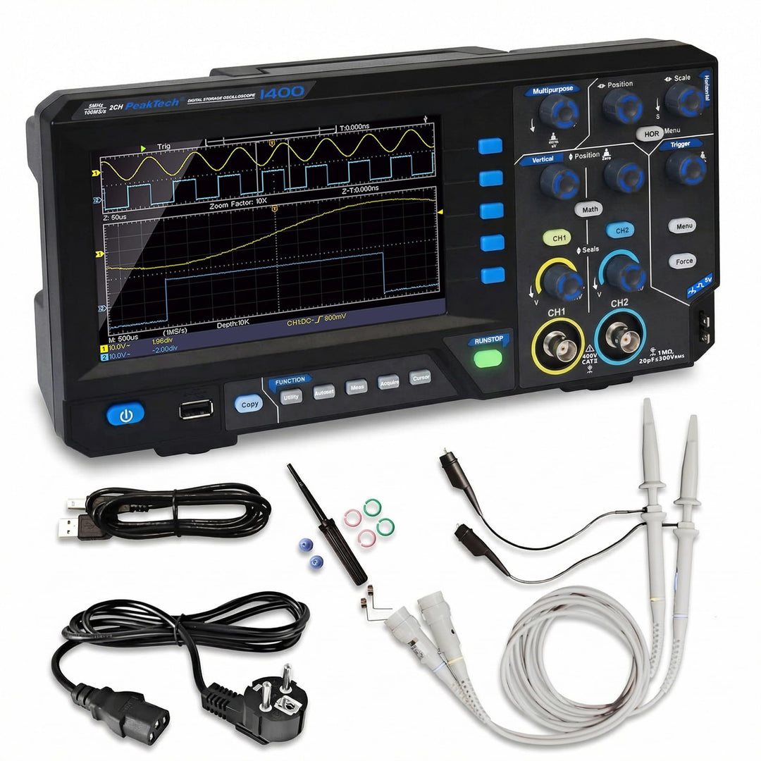 PeakTech 1403, Digital Speicher Oszilloskop, 2 Kanal, 50 MHz, 500 MS/s, USB Schnittstelle, PC Softwa